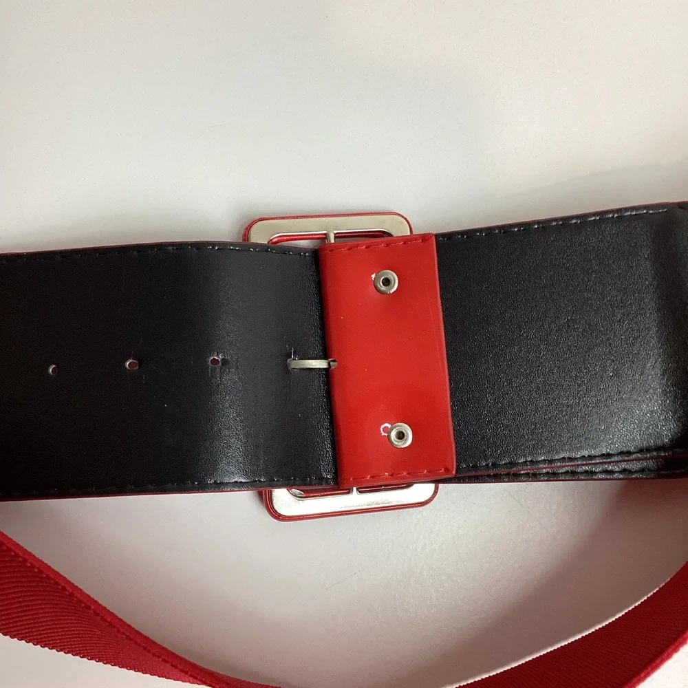Set of 2 Wide Elastic Cinch Belts Red Patent Buckle Black Filigree Buckle 3X